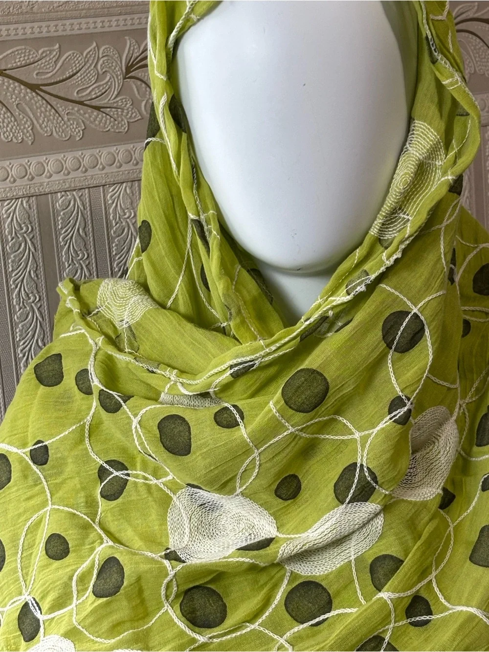 Tickled Pink 100% cotton Lime Green Polka Dot Scarf/ White Embroidery & Tassels